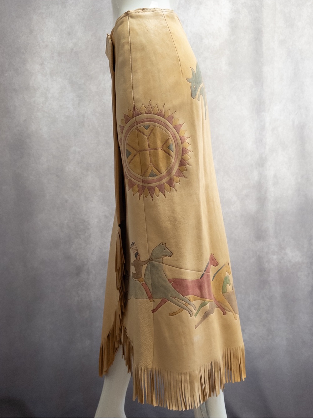 Vtg Ralph Lauren Country 1980s Wrap Fringe Skirt, Hand-painted Leather, Size 8 - Picture 2 of 10